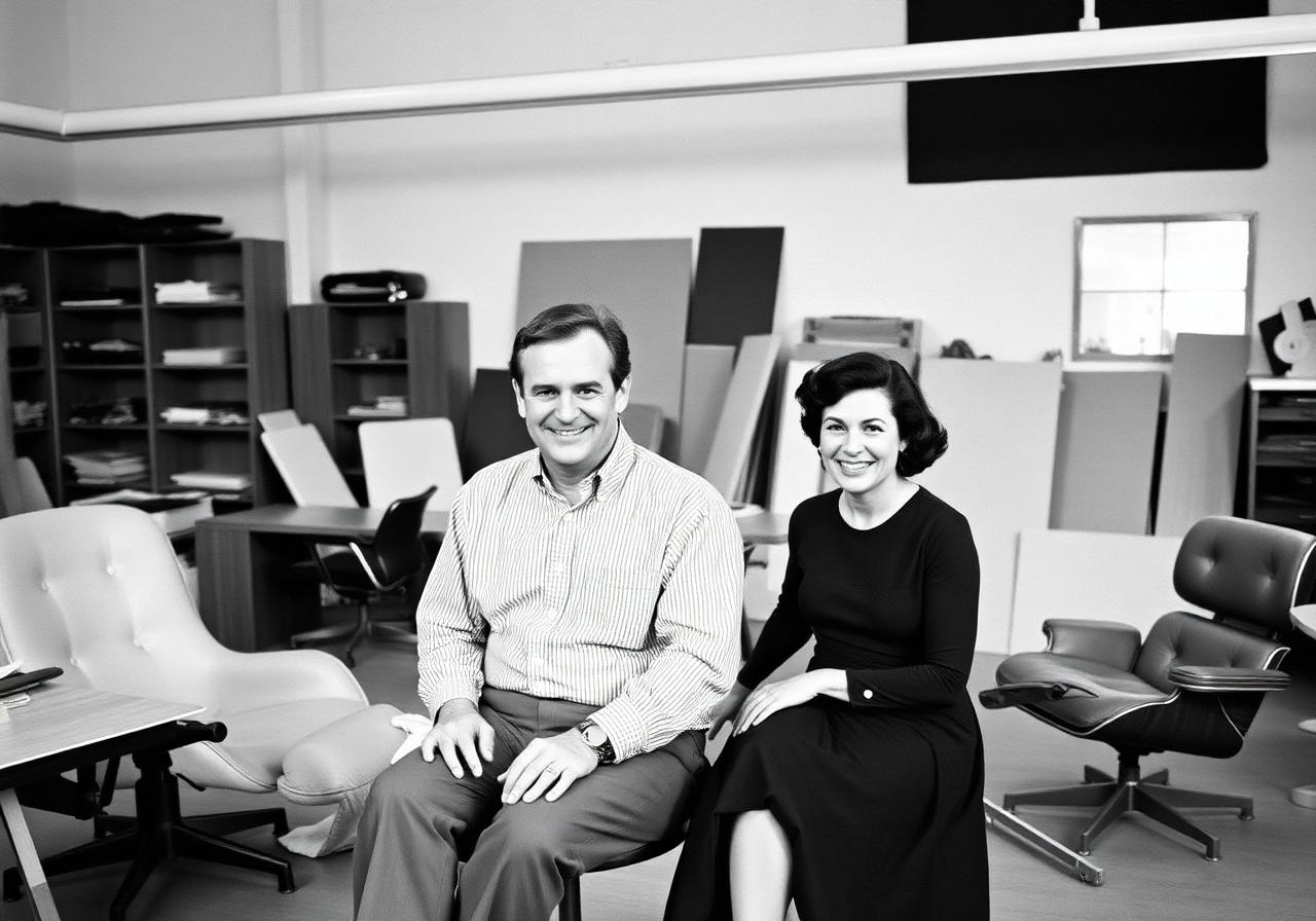 Archival portrait of Charles and Ray Eames in their Venice California studio