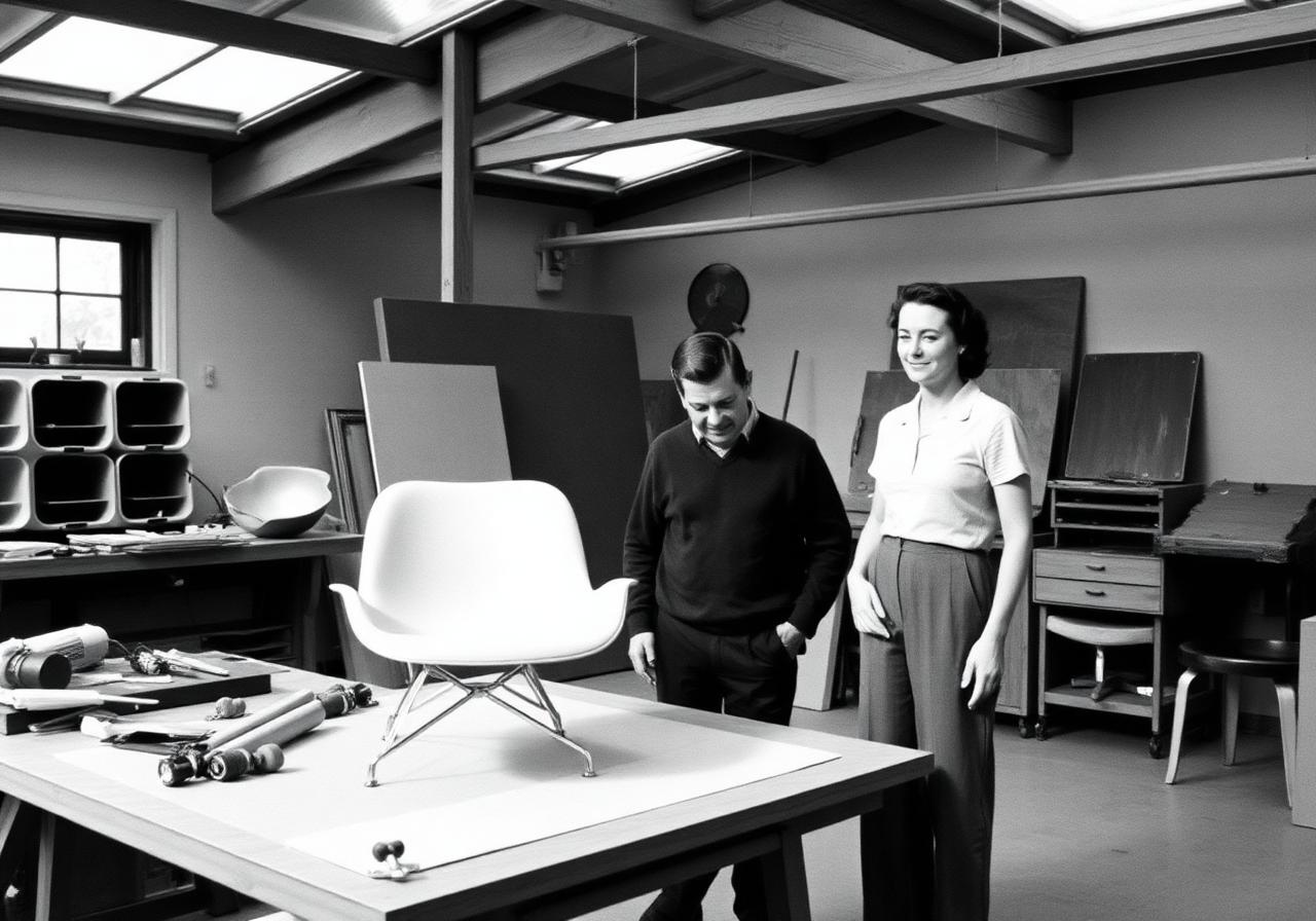 Charles and Ray Eames at work in their Venice California studio surrounded by prototypes