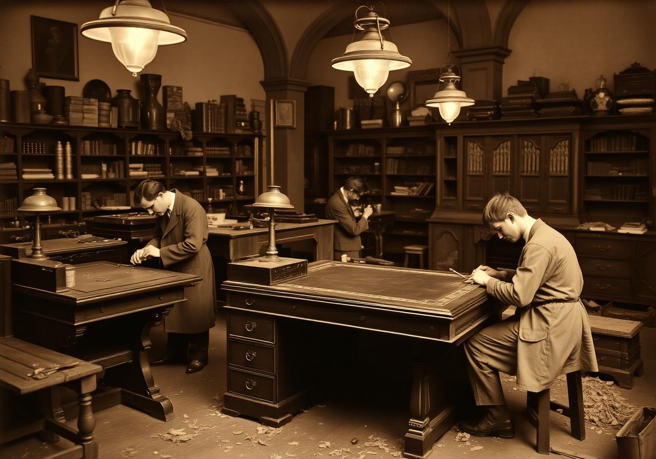 Sepia archival photograph of a Victorian Maple and Co. cabinetmaking workshop