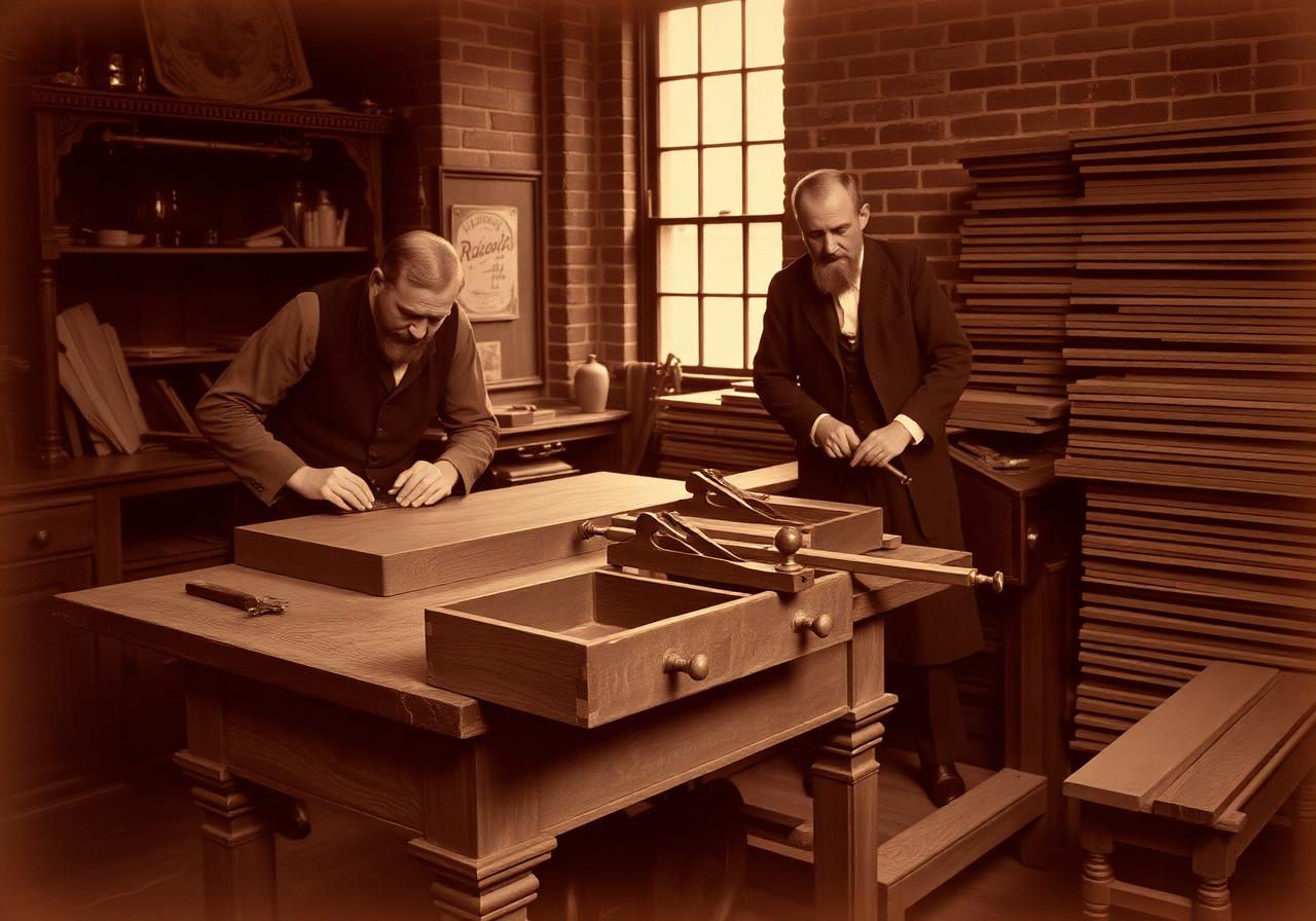 Victorian craftsmen hand-cutting dovetail joints in a Maple and Co cabinetmaking workshop