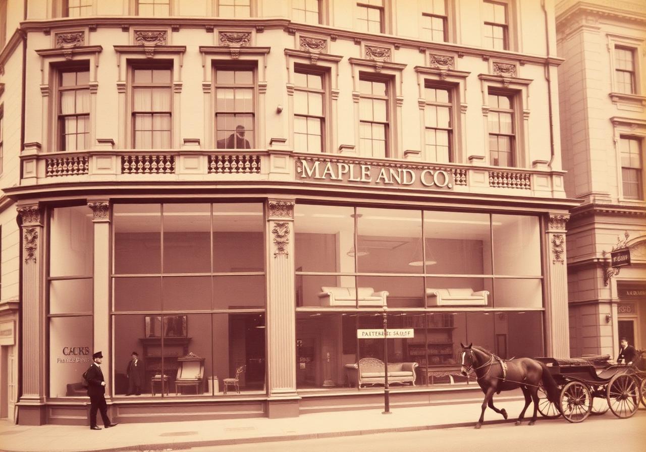 Maple and Co shopfront on Tottenham Court Road London in sepia archival photograph