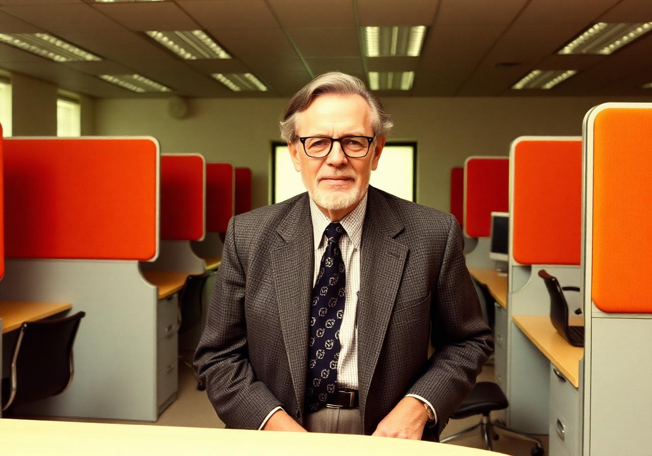 Archival portrait of Robert Propst standing among Action Office prototypes