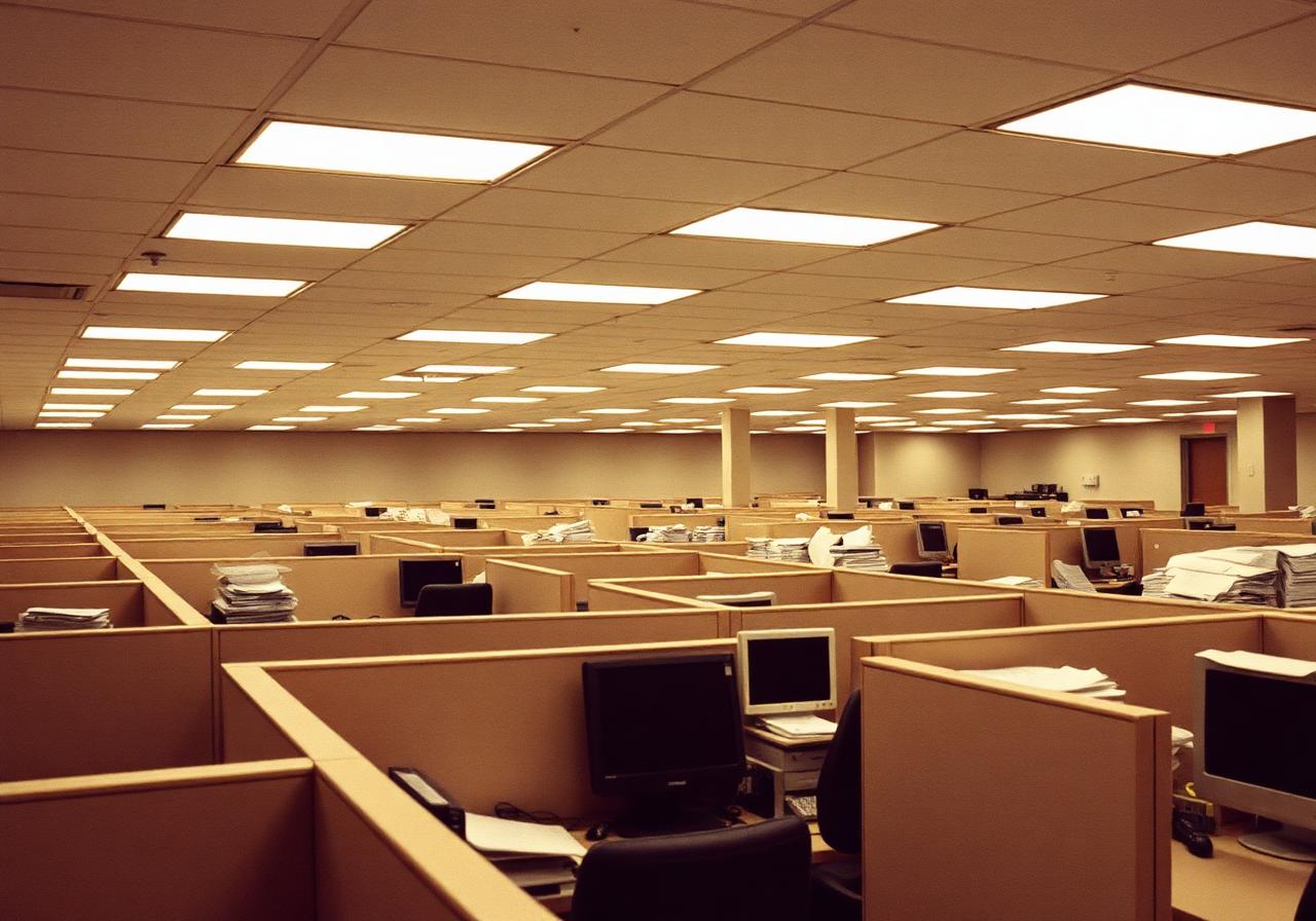 Endless rows of cost-reduced beige cubicles in a 1990s open-plan office