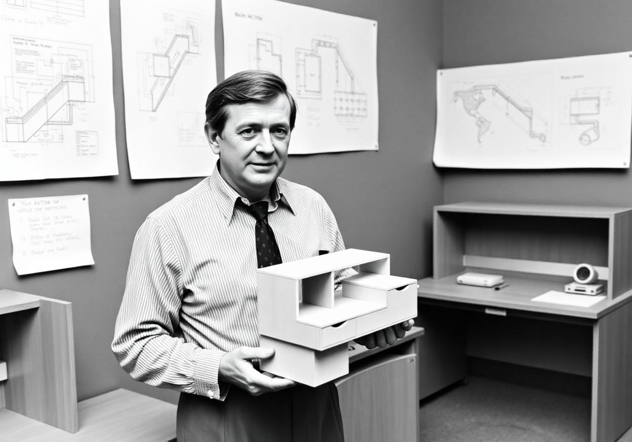 Robert Propst with diagrams and prototypes inside the Herman Miller Research Corporation