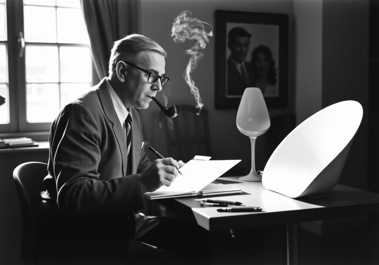 Archival portrait of Eero Saarinen sketching beside a Tulip chair model