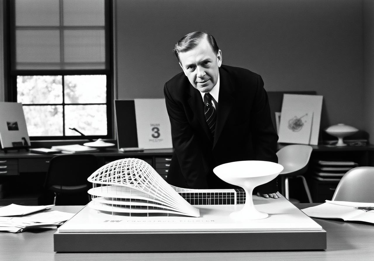Eero Saarinen in his studio surrounded by plaster models of pedestal furniture