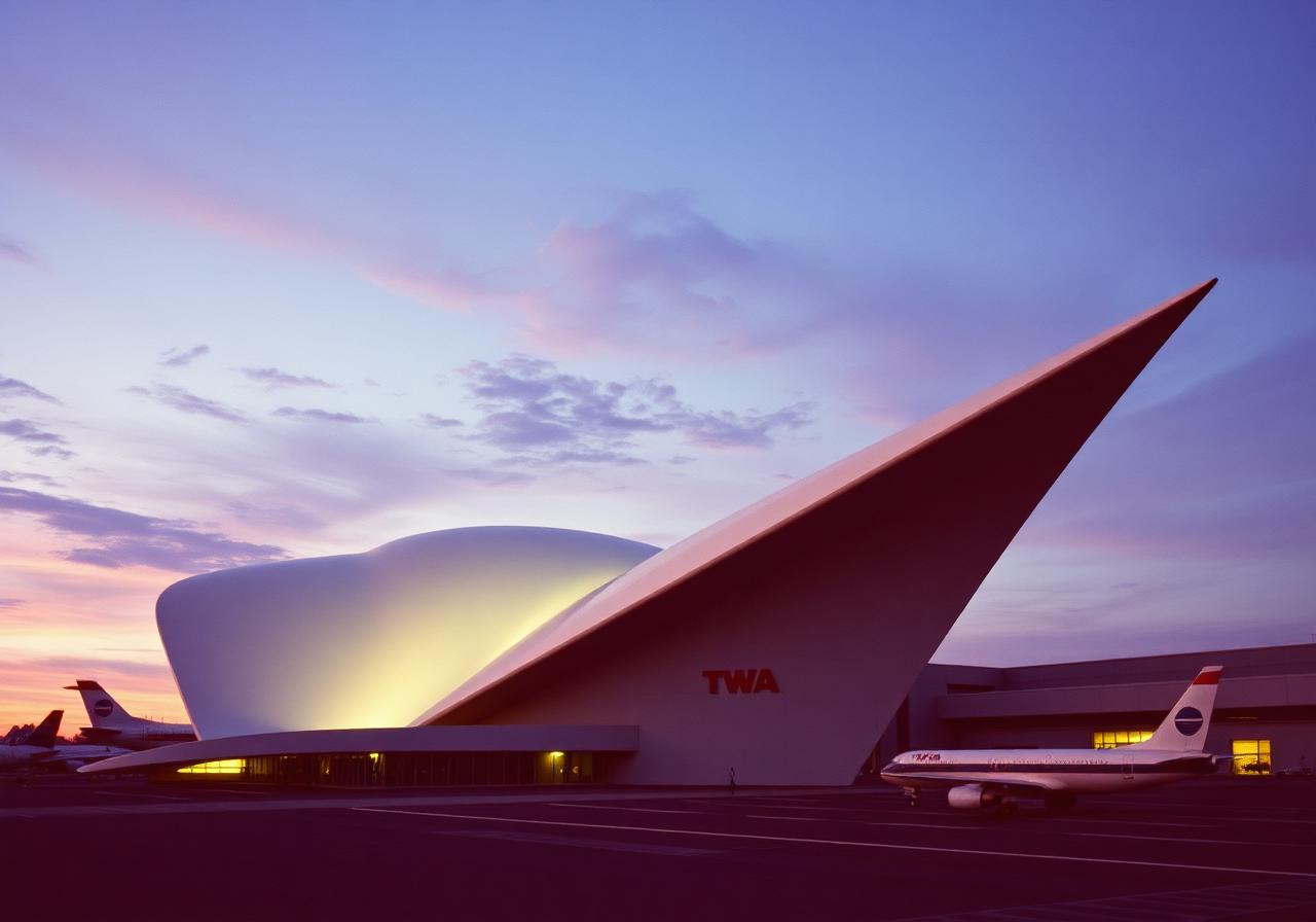 Exterior of the TWA Flight Center at JFK with its sweeping concrete shell roof