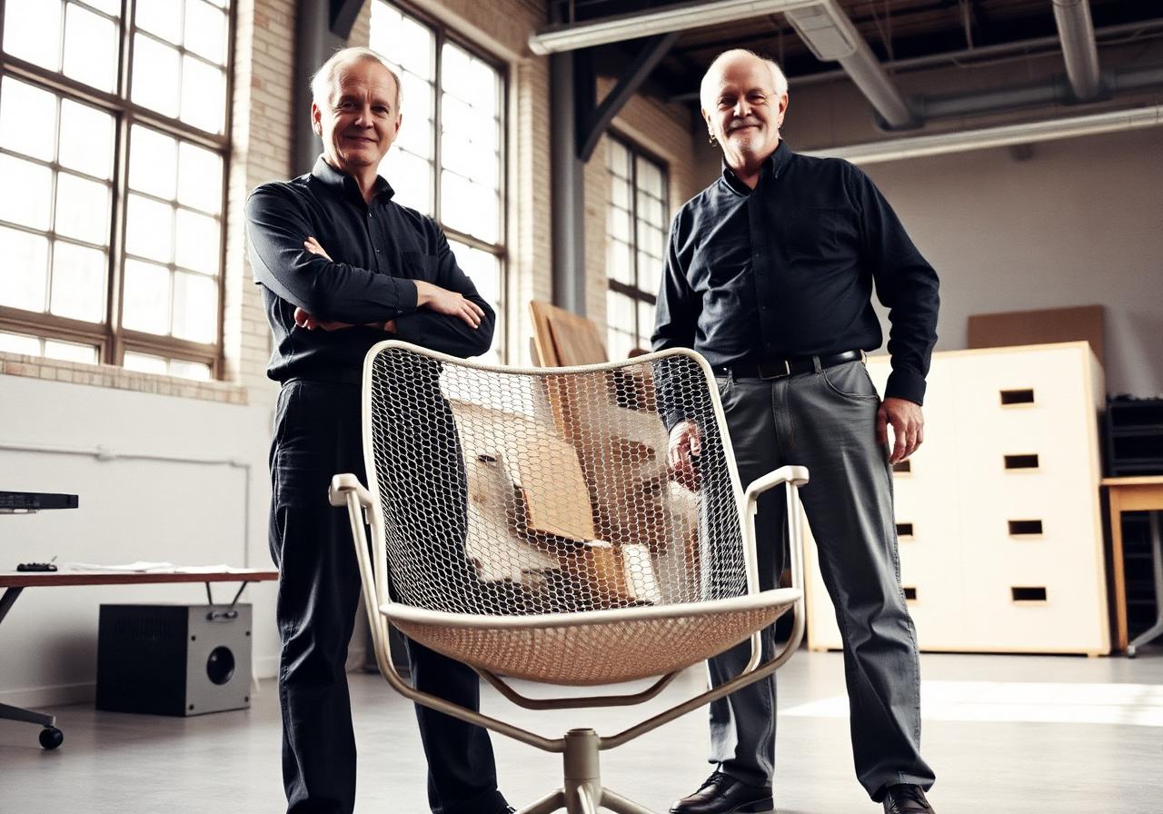 Bill Stumpf and Don Chadwick standing beside an early Aeron chair prototype