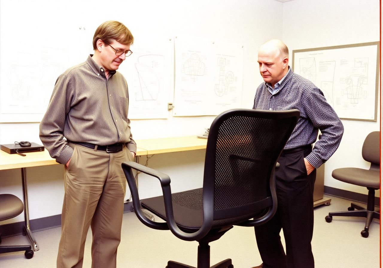 Early Aeron chair prototype with exposed mesh and polymer frame on a workshop bench
