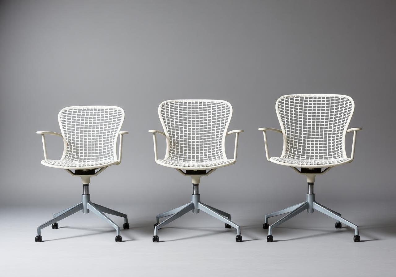 Three Aeron chairs in sizes A B and C lined up against a studio wall