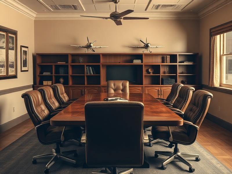 1950s aviation executive boardroom with mahogany conference table