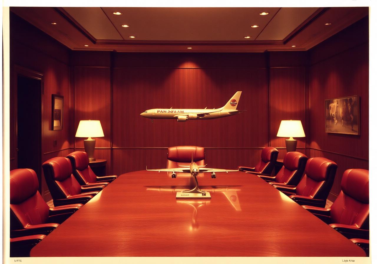 Mid-century airline boardroom with long mahogany table, oxblood leather chairs and a Stratocruiser model