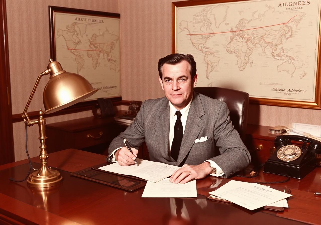 1950s airline executive seated at a mahogany partner desk signing route authority papers