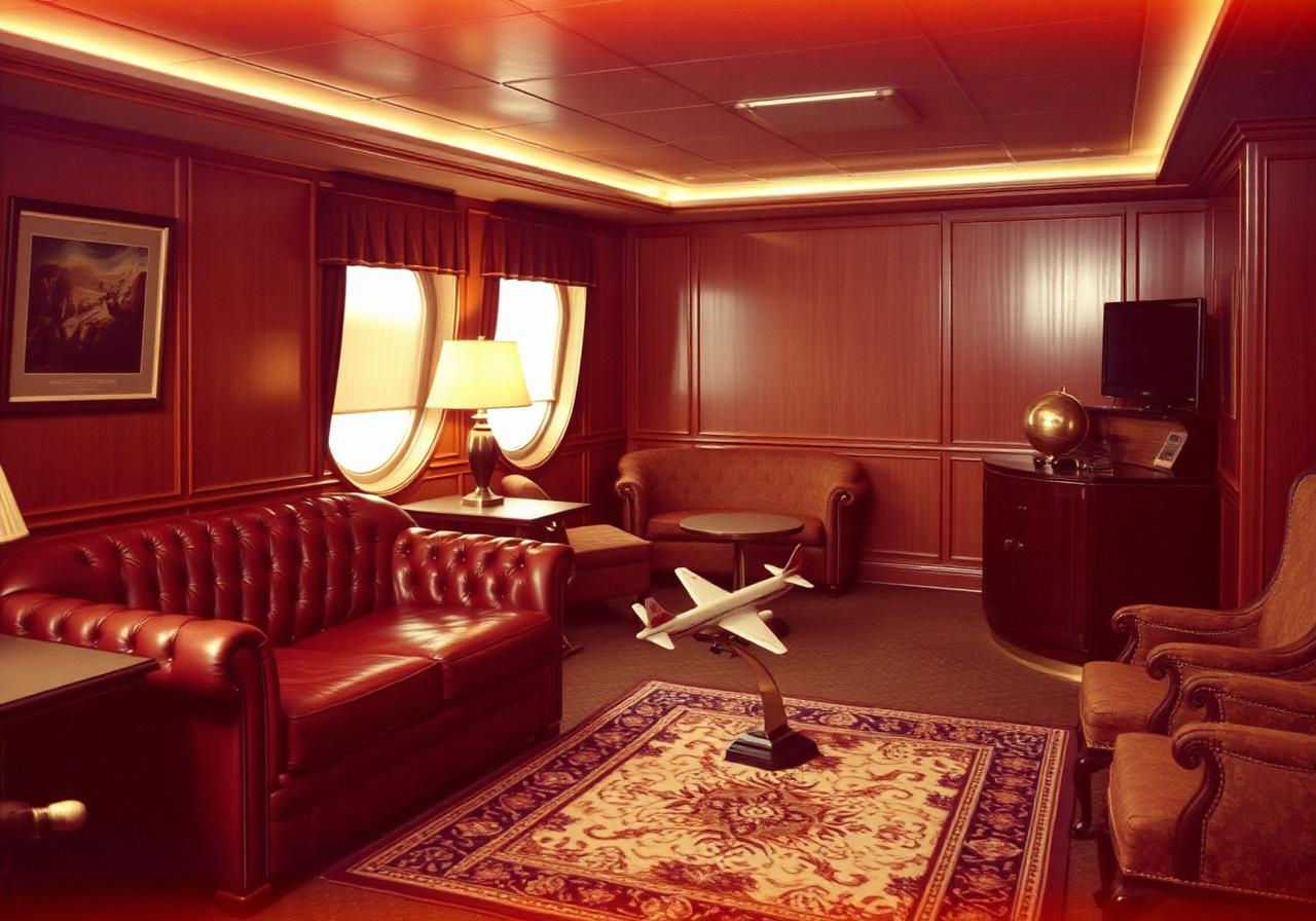 1950s wood-paneled airline executive lounge with Chesterfield sofa, brass globe bar, and Constellation model