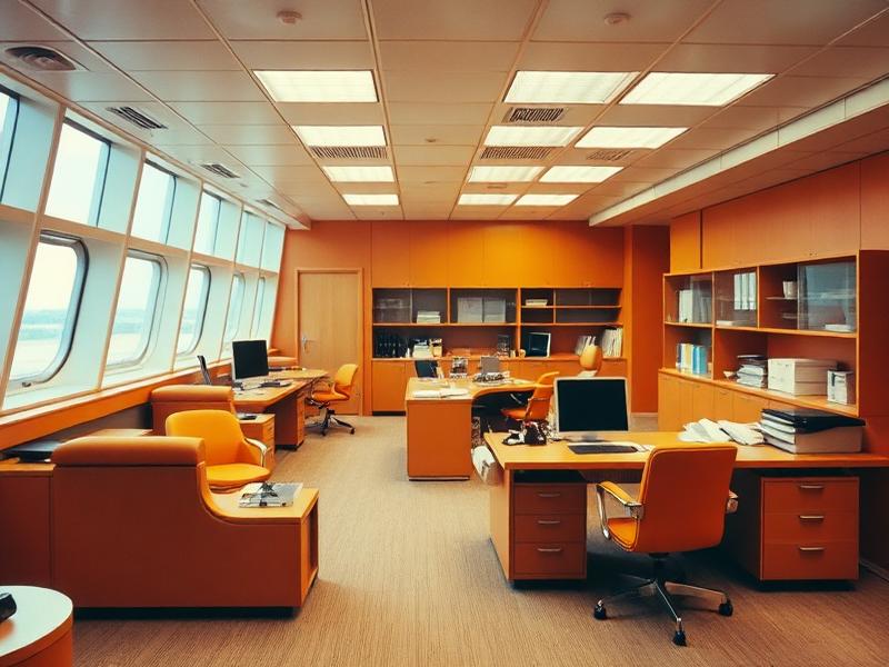 1970s corporate aviation office with modular furniture and space-age design