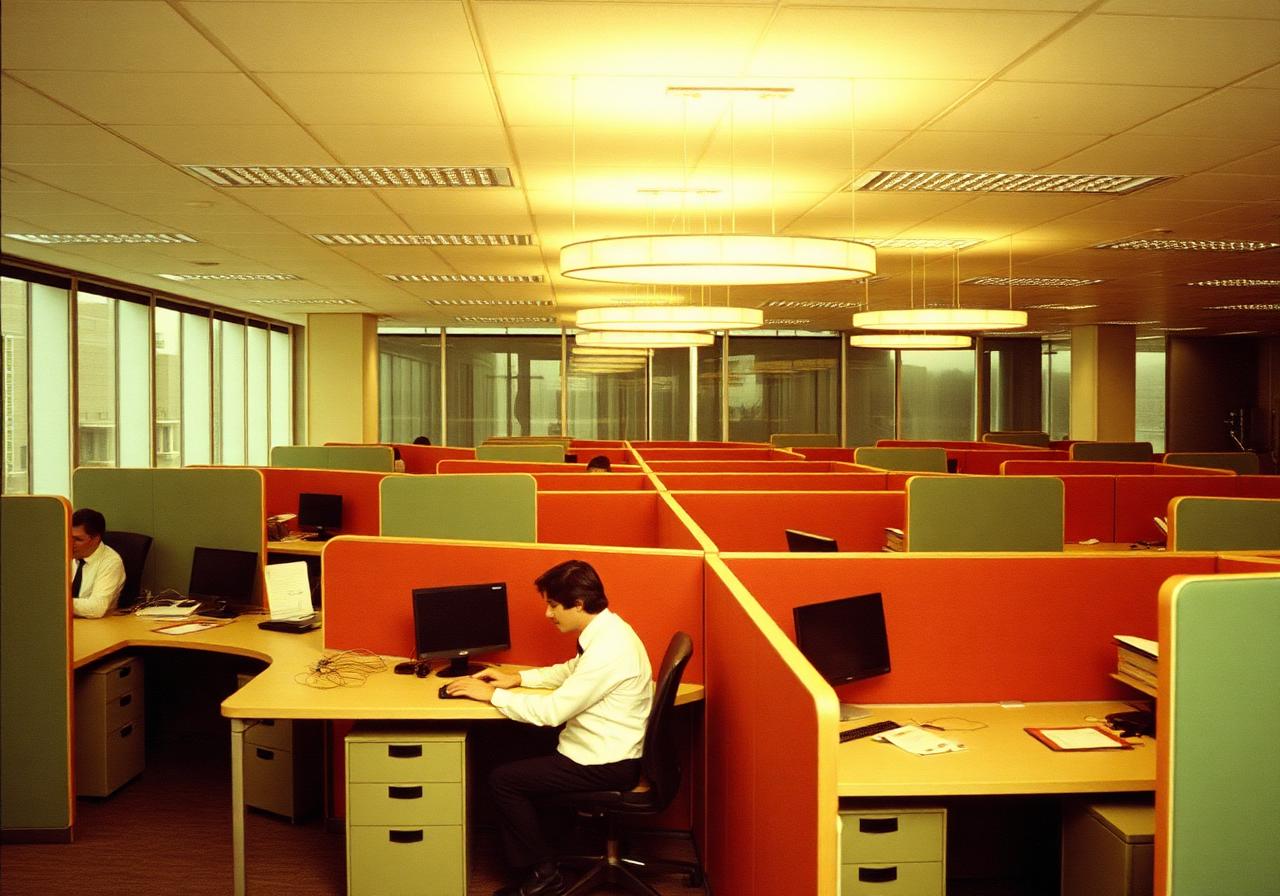 Early Action Office II installation with avocado and burnt-orange modular partitions