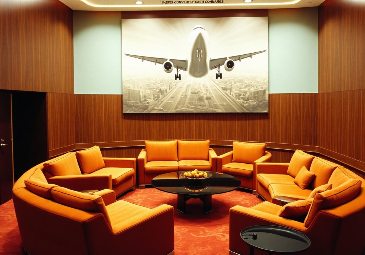 1970s corporate conversation pit in burnt orange wool with abstract jet artwork above