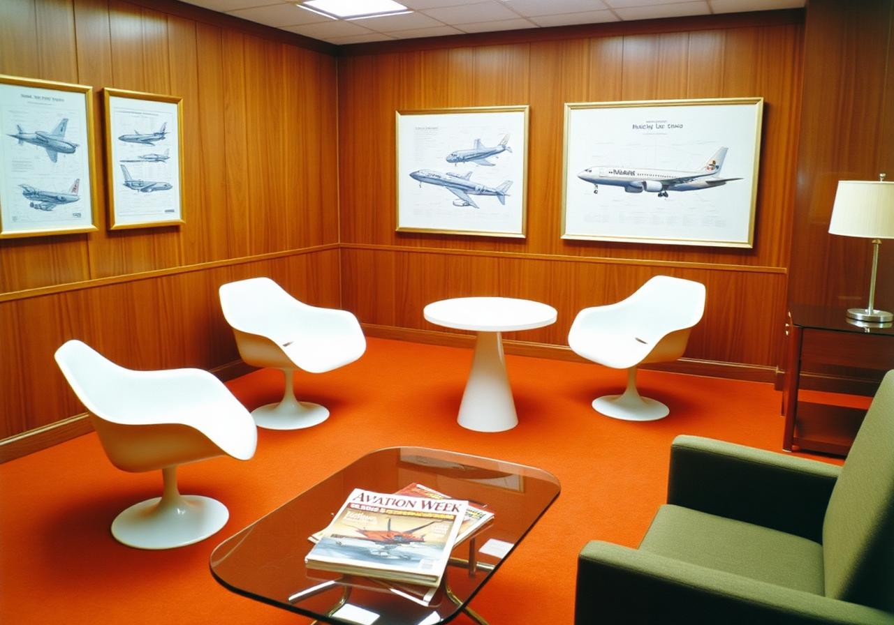 1970s airline lounge with Saarinen Tulip chairs, burnt orange carpet and Aviation Week magazines