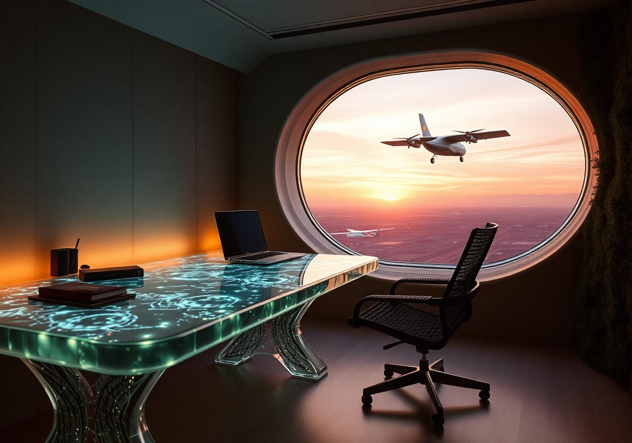 Speculative 2045 aviation executive office with bioluminescent desk and vertiport view