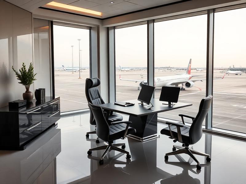 Modern aviation executive office with sleek minimalist furniture