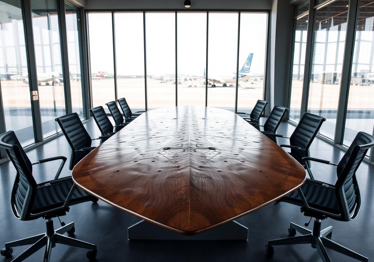Conference table built from a polished decommissioned Boeing 747 wing skin in a glass-walled boardroom