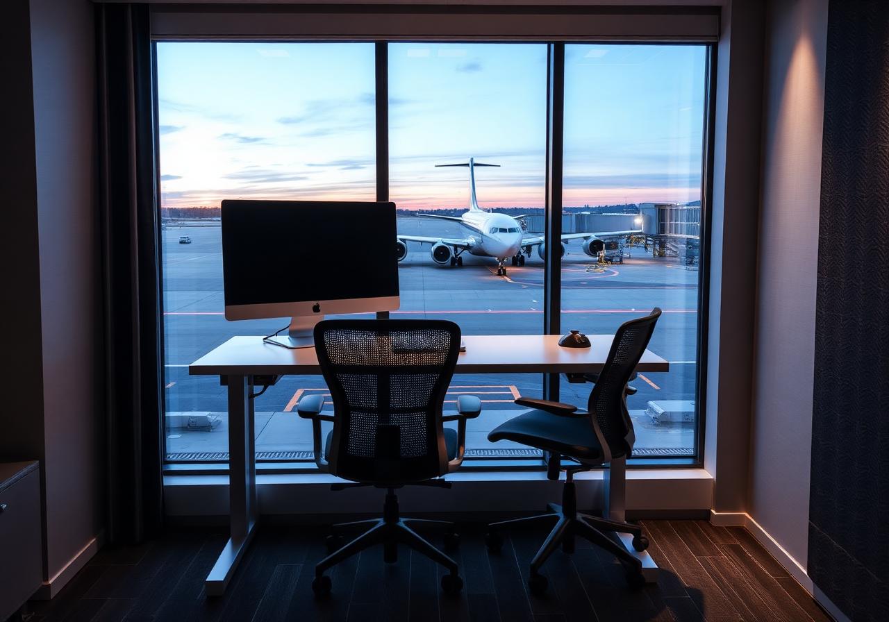 Modern airline executive office with sit-stand desk and Aeron chair facing a window over the apron