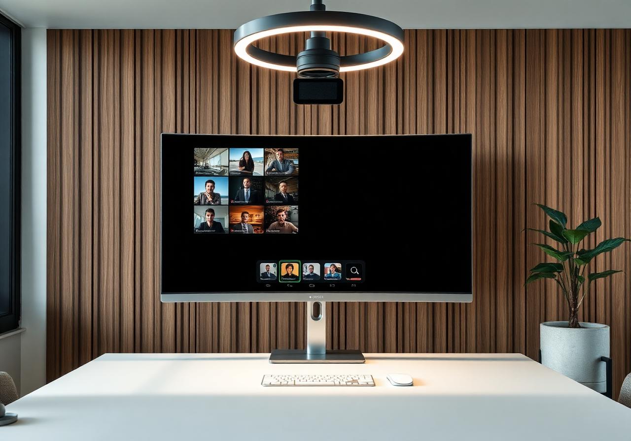 Modern executive video conference setup with large monitor, ring light and acoustic wood-slat wall