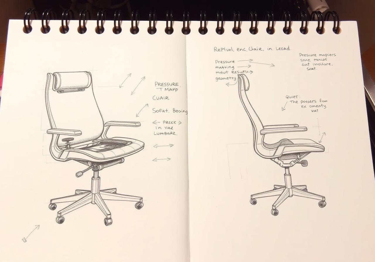 Sketchbook studies of an adaptive ergonomic chair with soft robotics and pressure mapping