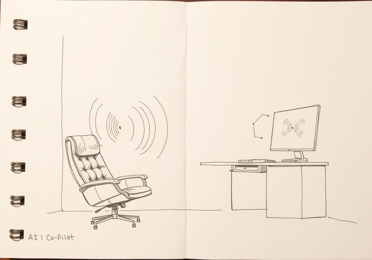 Sketch of an empty executive chair and desk with ambient AI sound waves