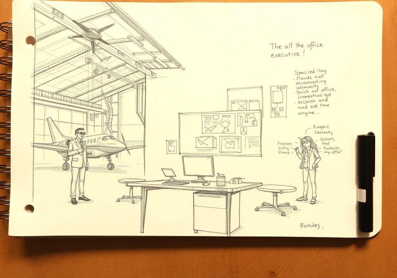 Sketch of an executive wearing AR glasses moving between a hangar and a lounge with no fixed desk