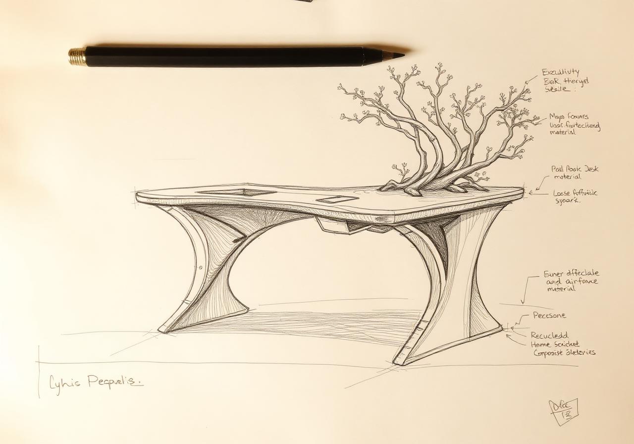 Concept sketch of a mycelium-grown executive desk with branching organic form