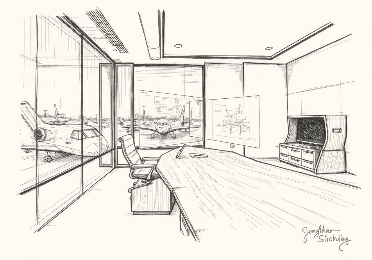 Perspective sketch of an executive office with transparent OLED window-walls overlooking a vertiport