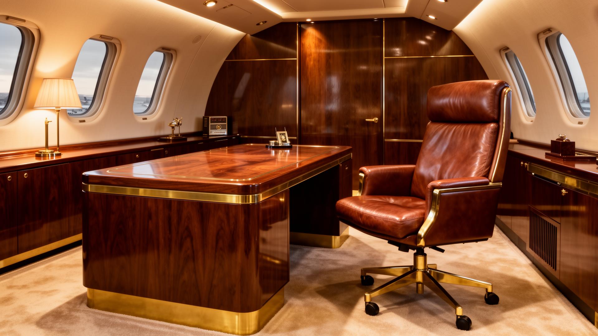 Luxury aviation executive office with mahogany desk and leather chair