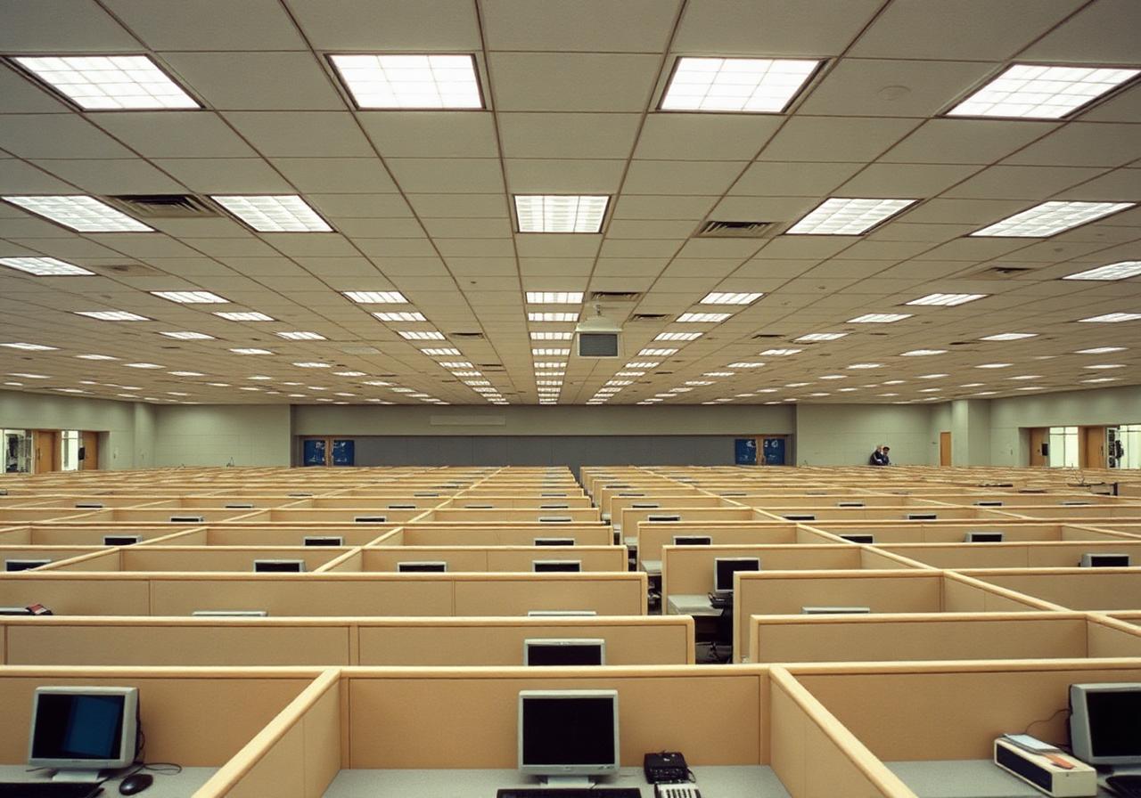 Late 1990s open-plan office filled with beige cubicles under fluorescent lights