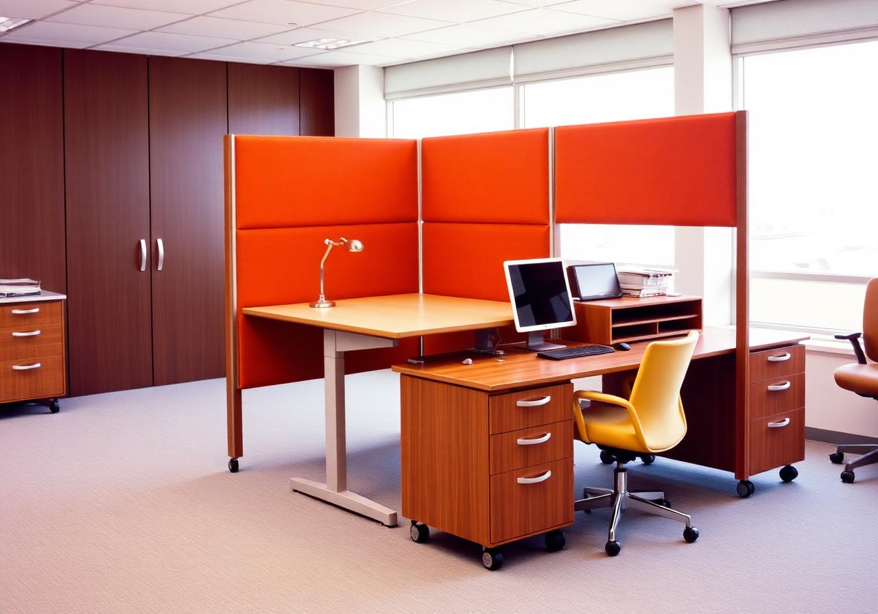 Herman Miller Action Office II modular workstation with orange divider screens