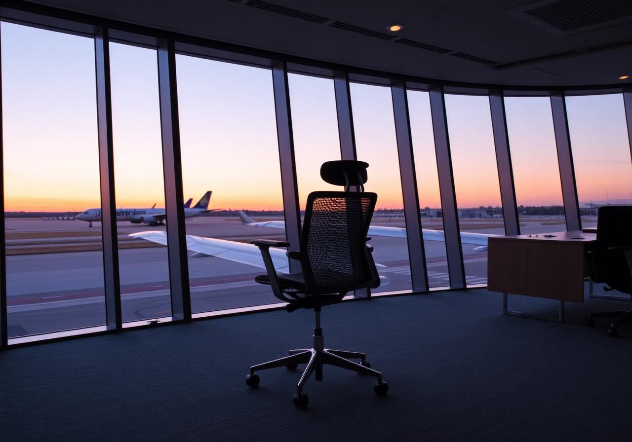 Herman Miller Aeron mesh chair in a modern airline executive office overlooking a runway at dusk