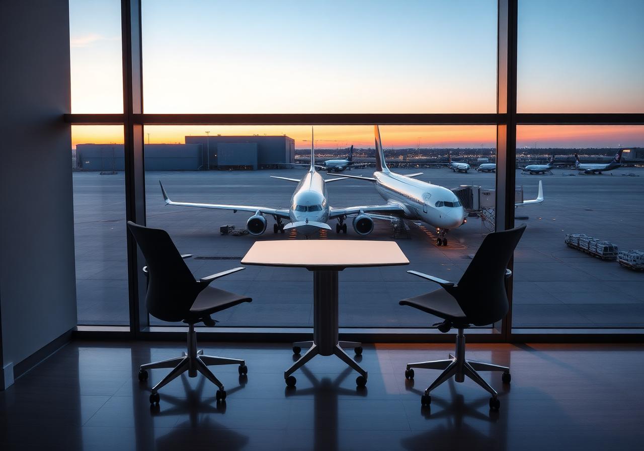 Two Aeron chairs at a small table in front of a window overlooking parked widebody jets at dusk
