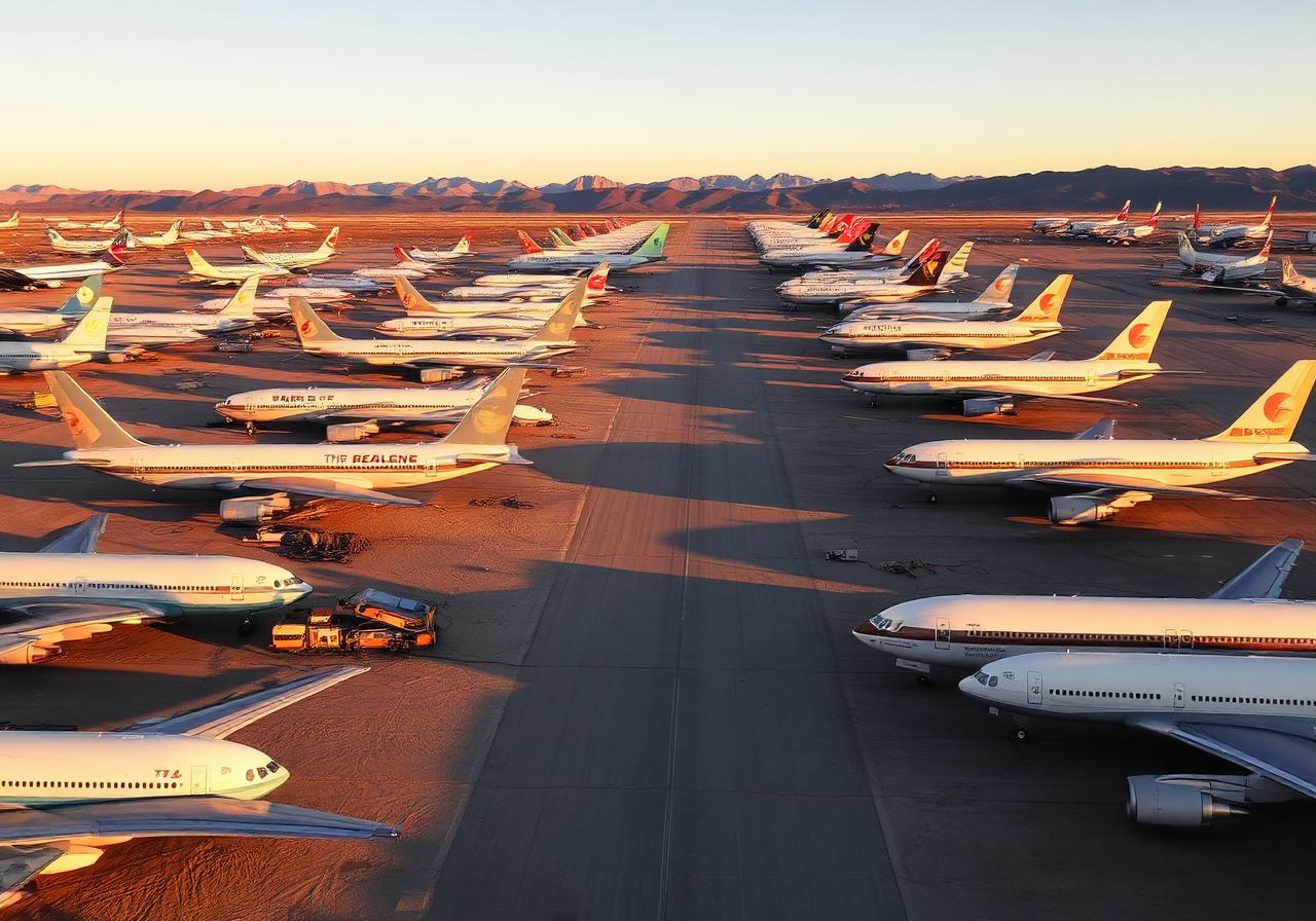 Aerial photograph of a Mojave aircraft boneyard at golden hour with rows of decommissioned widebody jets