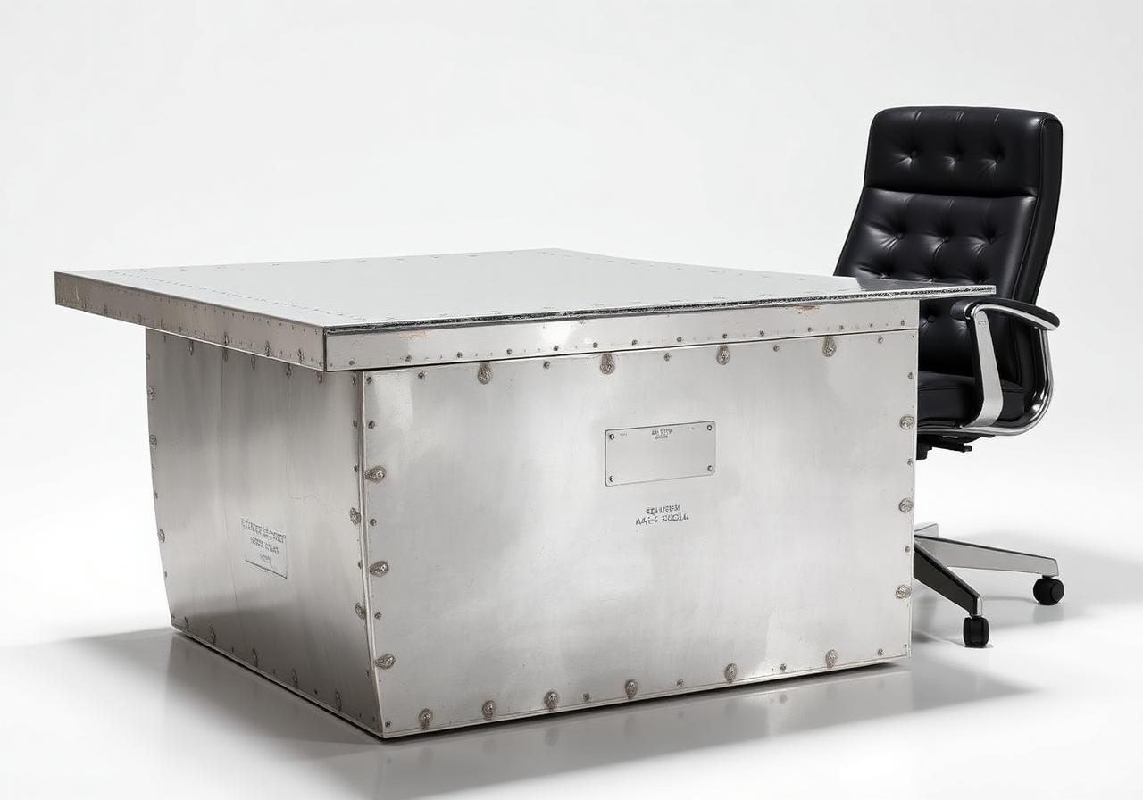 Executive desk built from a riveted aluminum fuselage panel with retained serial plate