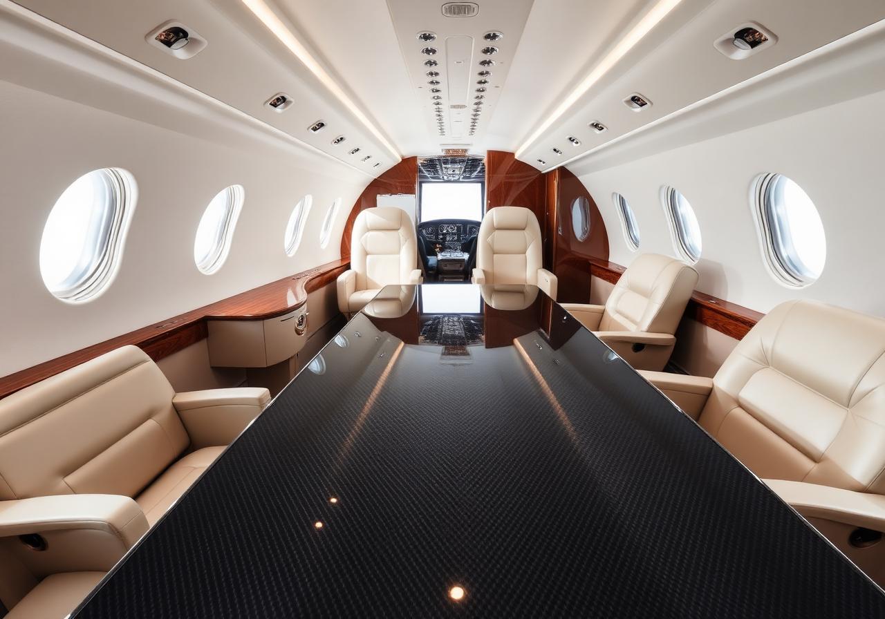 Private business jet executive lounge interior with a glossy carbon fiber conference table