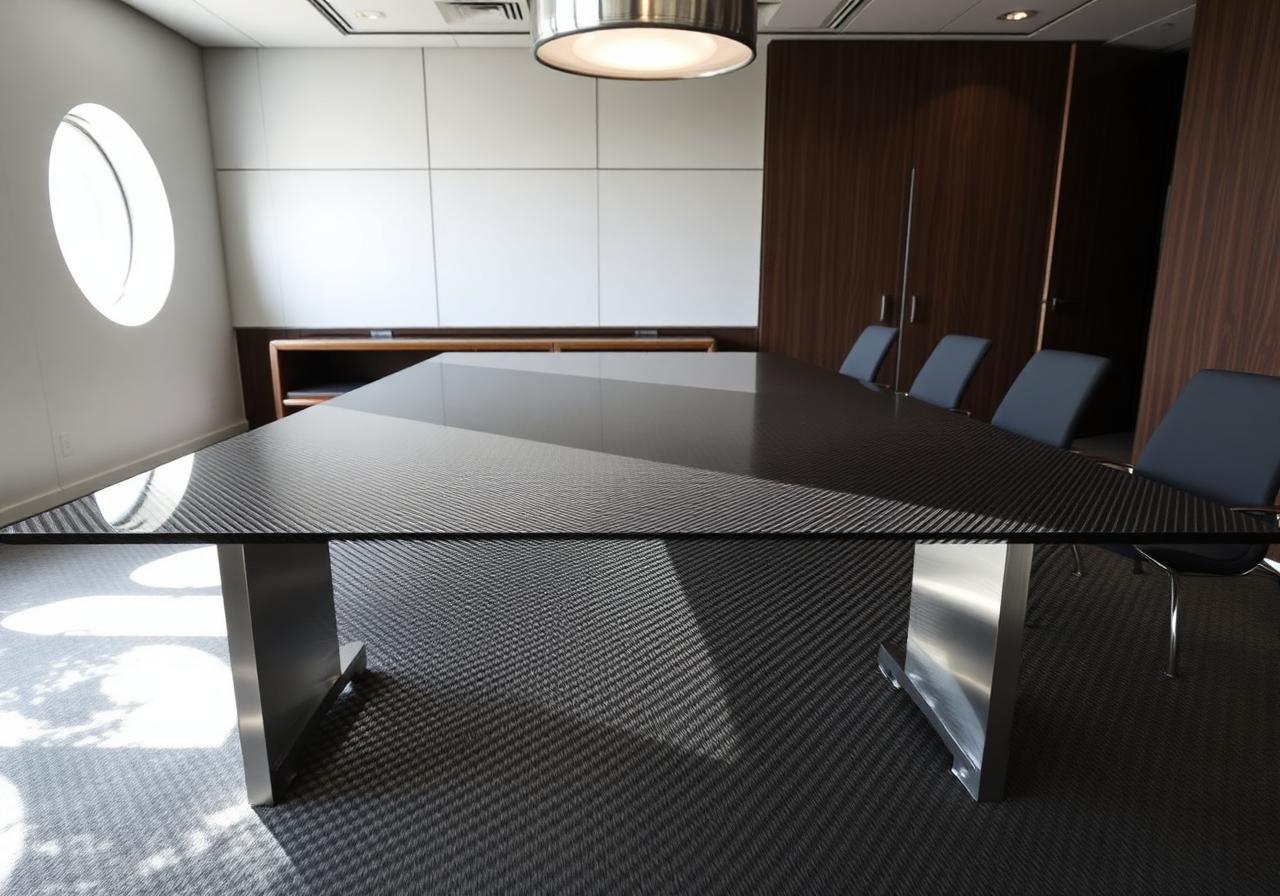 Long carbon fiber conference table with visible twill weave under a clear gloss finish