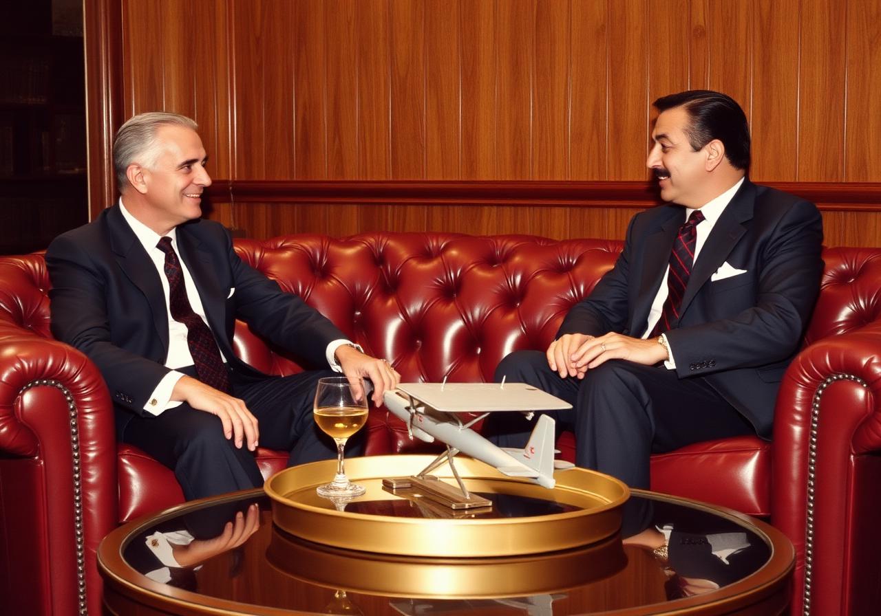 Two airline executives closing a deal on a Chesterfield sofa with a model aircraft on the table
