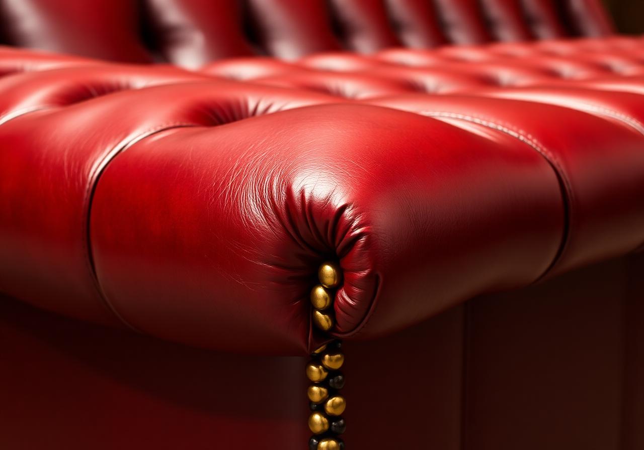 Macro detail of deep buttoning and brass studs on an oxblood Chesterfield