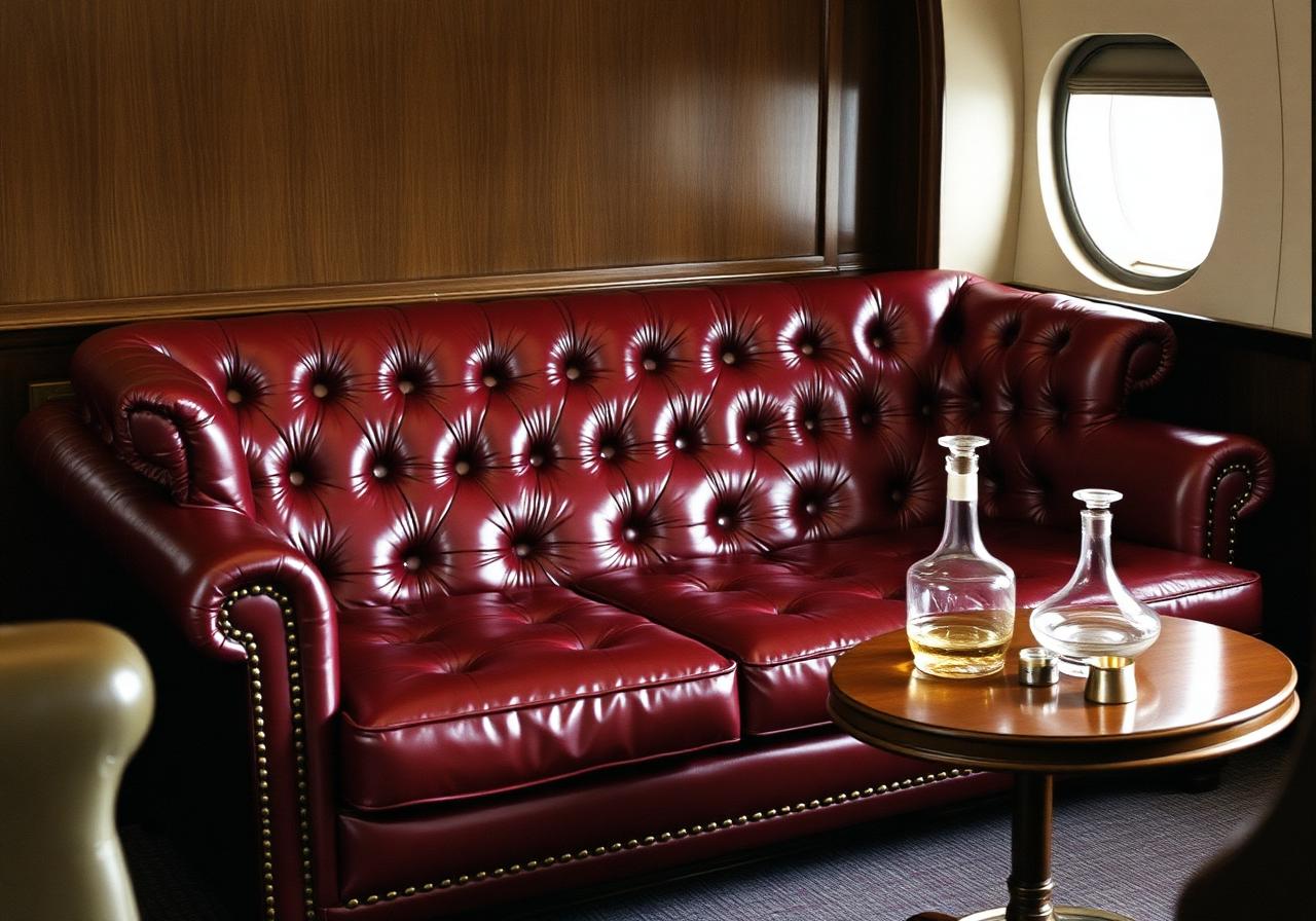 Deep-buttoned oxblood leather Chesterfield sofa with brass studs in an executive lounge