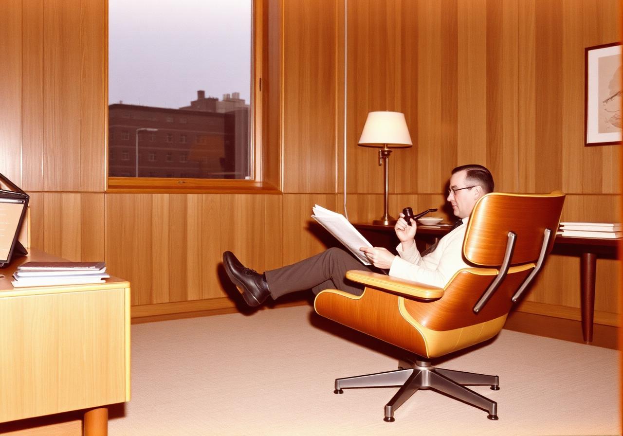 1960s aerospace executive reading reports while seated in an Eames Lounge Chair in a wood-paneled study