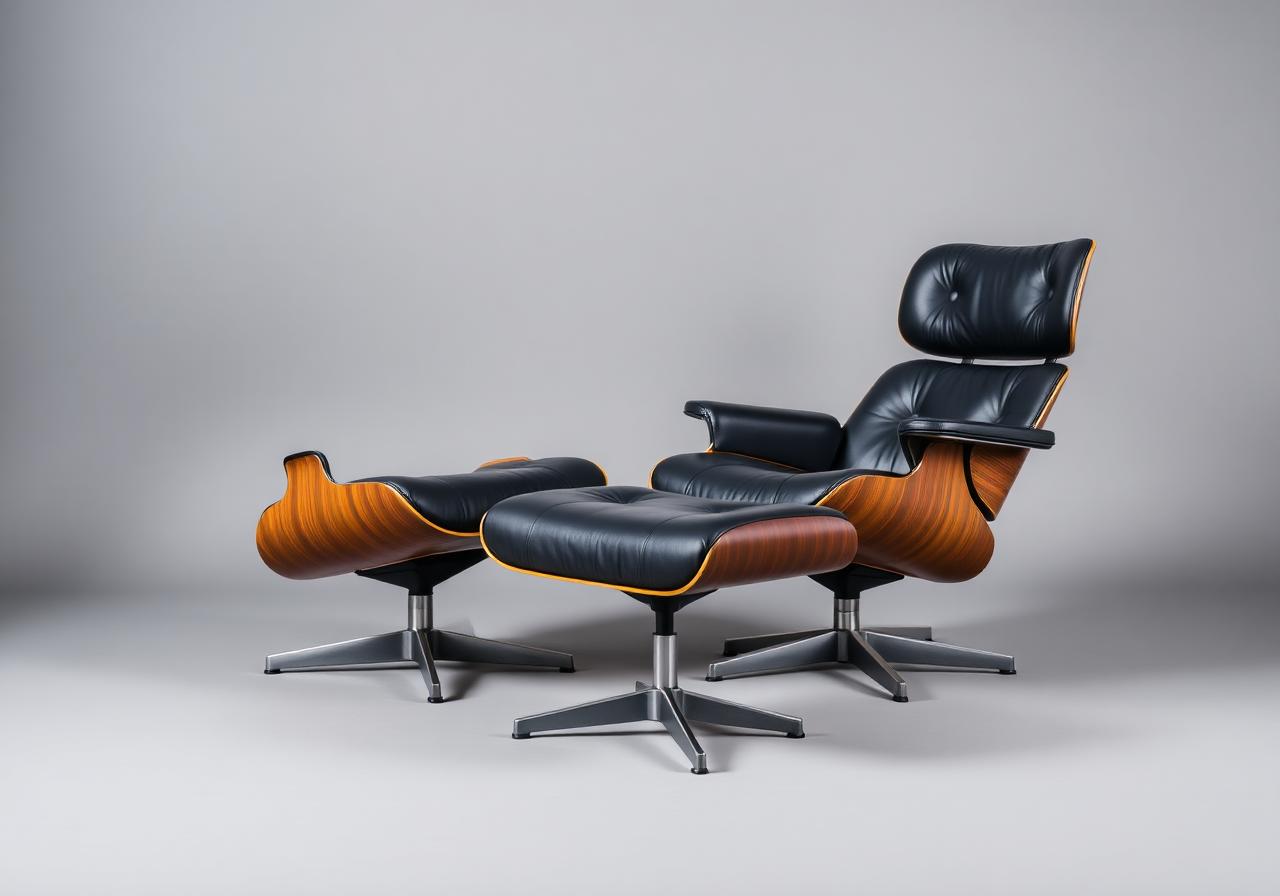 Studio photograph of an Eames lounge chair and ottoman in rosewood and black leather