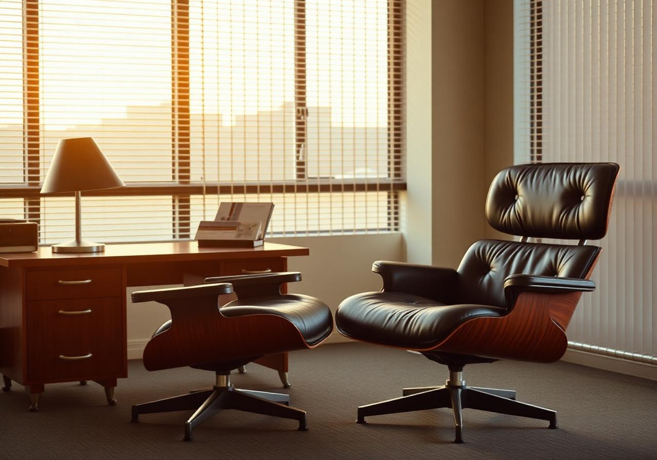 Eames lounge chair and ottoman in rosewood plywood and black leather beside a desk