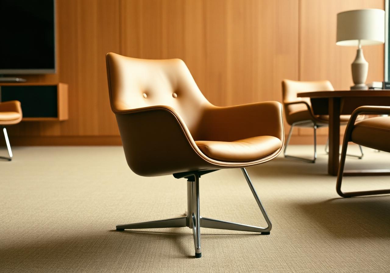 Saarinen Executive Armchair model 71 in tan leather on slim chrome legs in a wood-panelled boardroom
