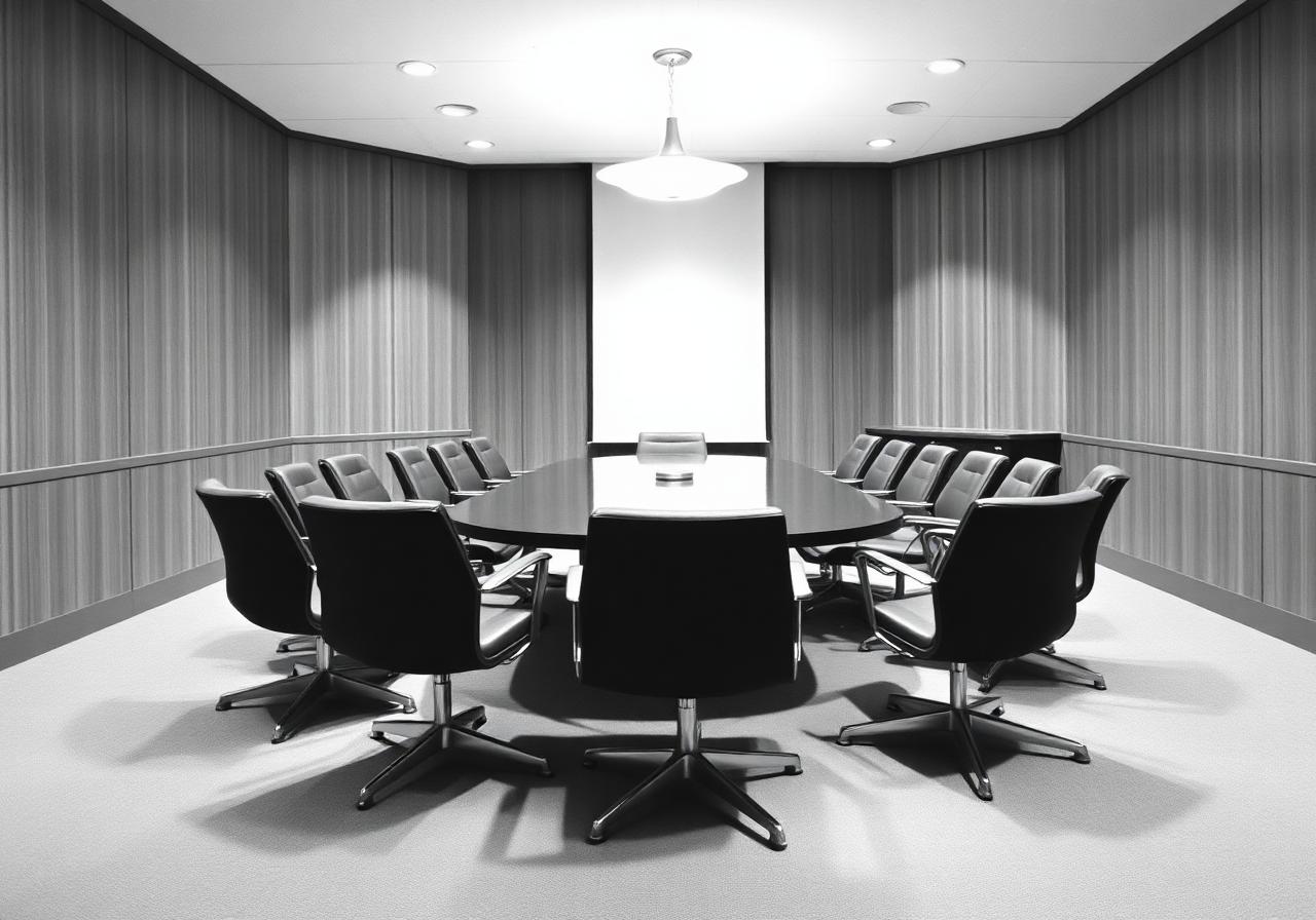 1950s boardroom in black and white furnished with rows of Saarinen Executive 71 chairs