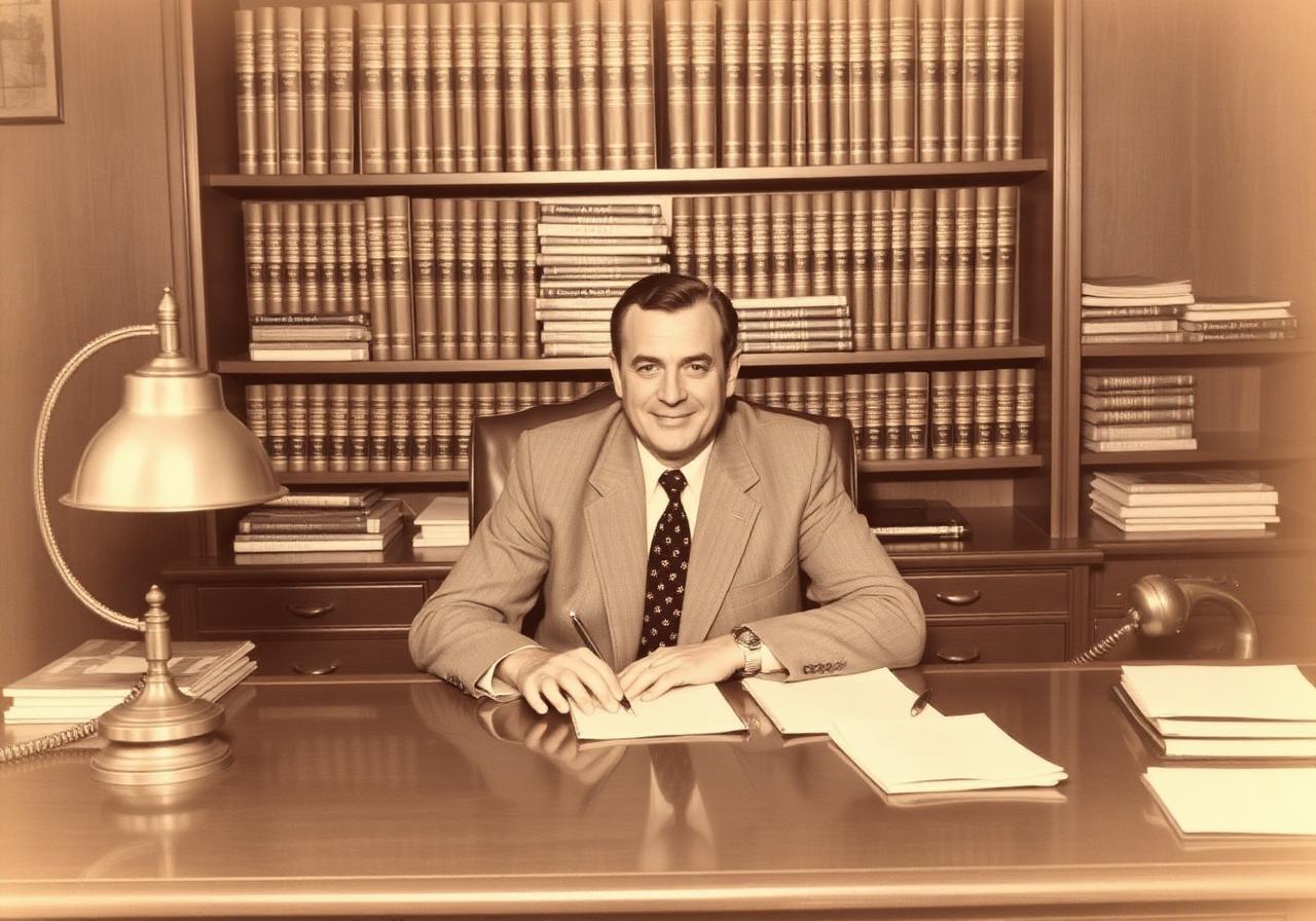 1950s airline executive at his mahogany partner desk with brass lamp and rotary phone